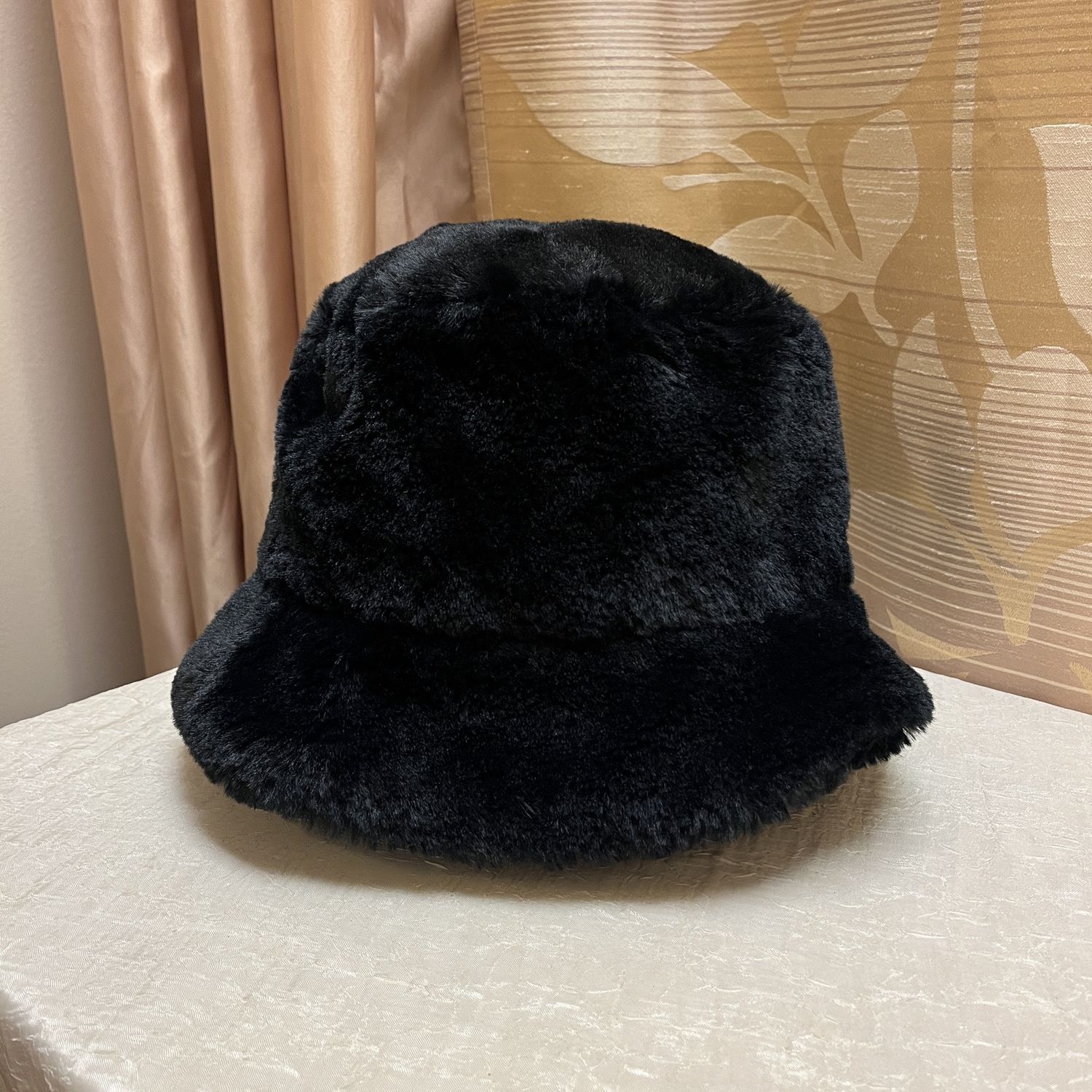 black fuzzy hat