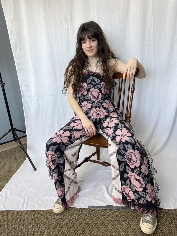 black &amp; pink floral blanket jumpsuit