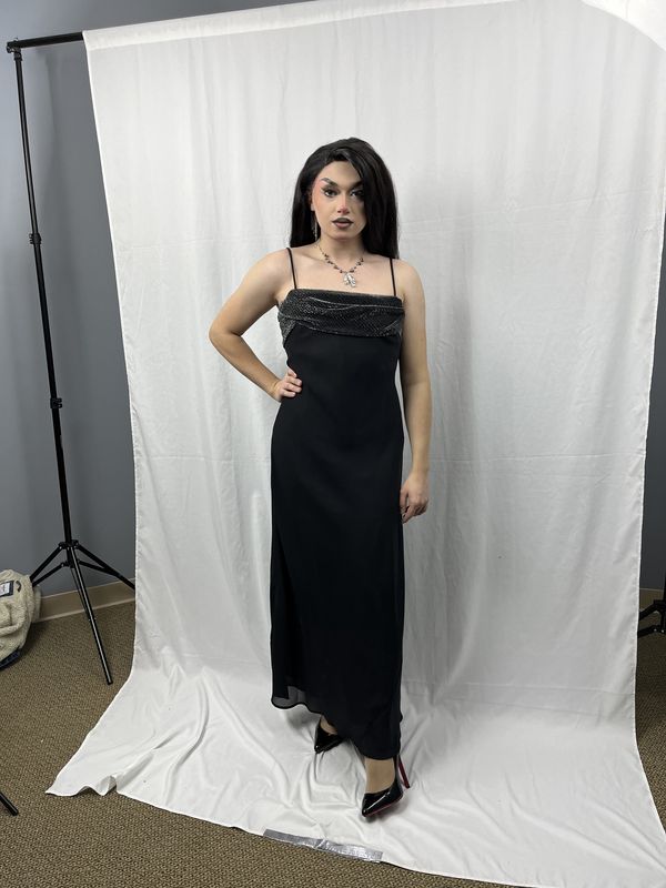 black sparkle drop gown