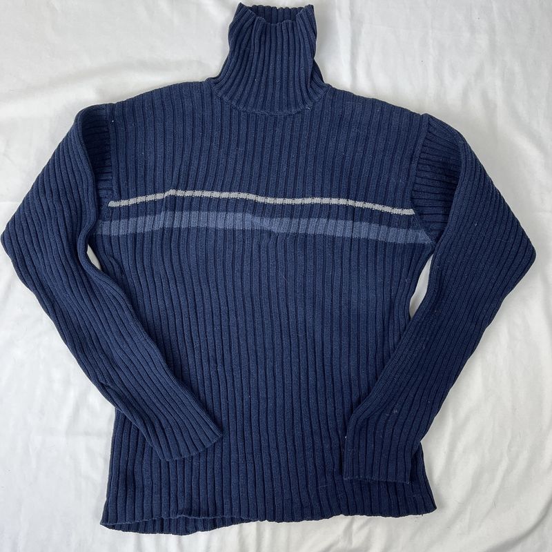Blue Ribbed Turtleneck Sweater