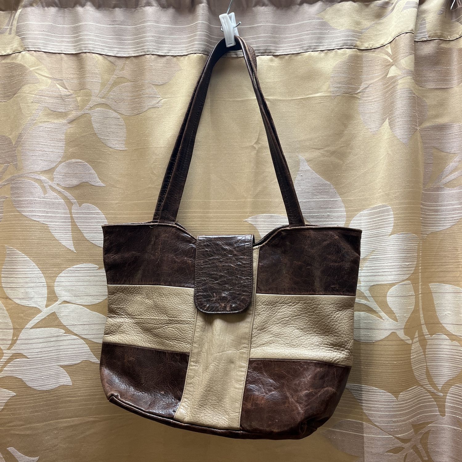 brown and tan wide tote bag