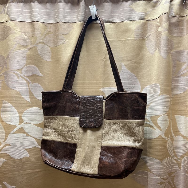 brown and tan wide tote bag