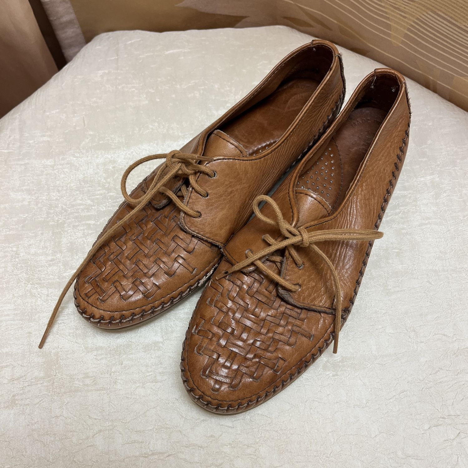 light brown woven loafers