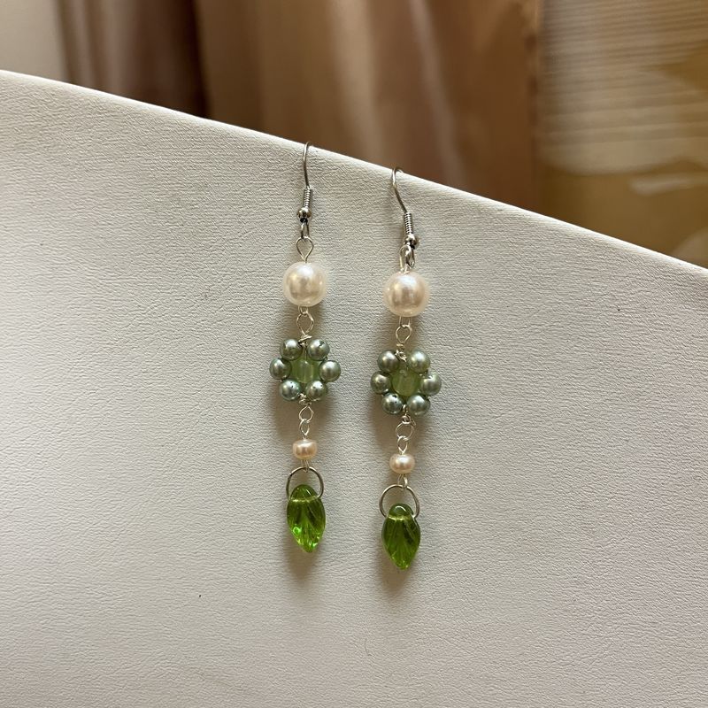 green and pink floral pearl earrings
