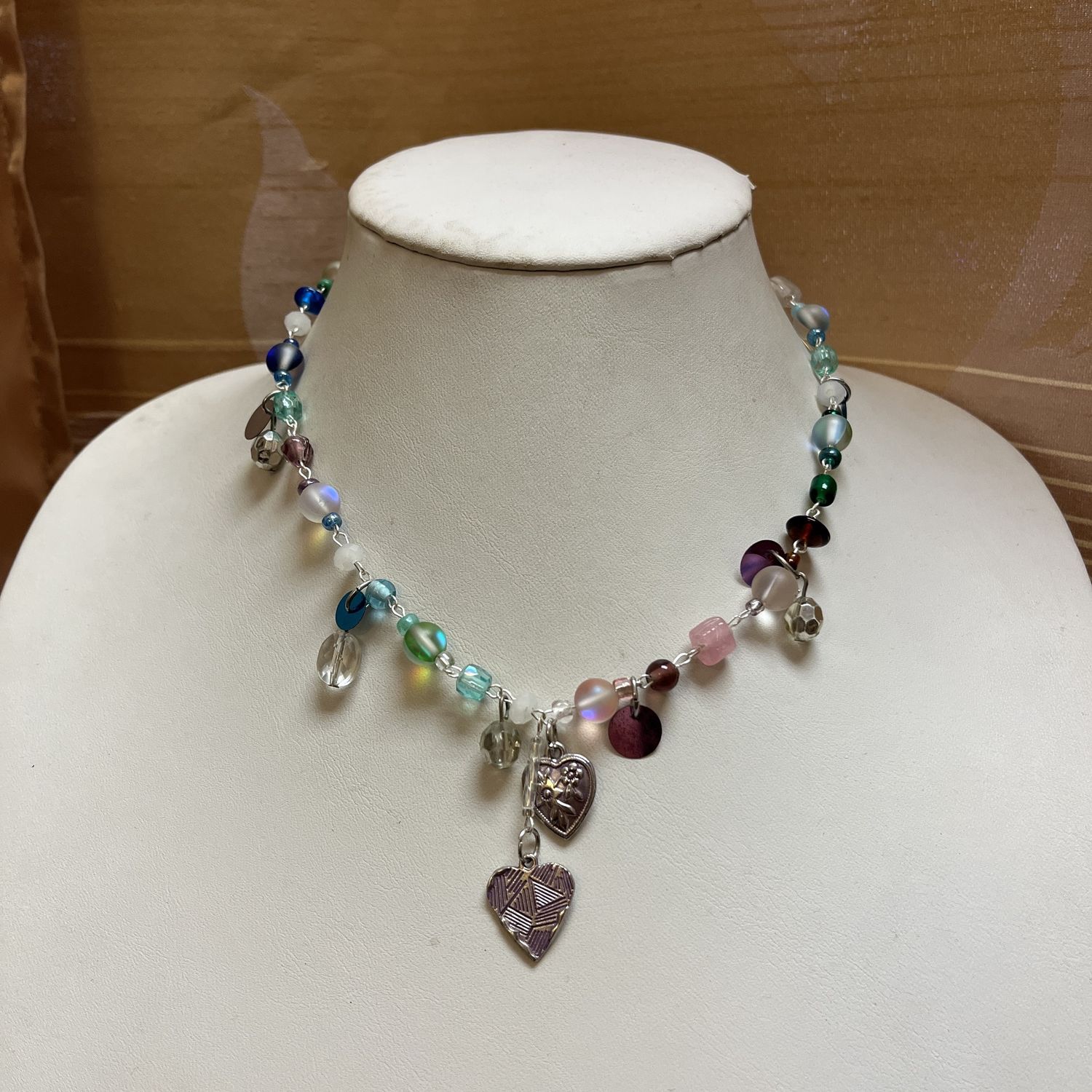 Shimmer blue + pink heart necklace