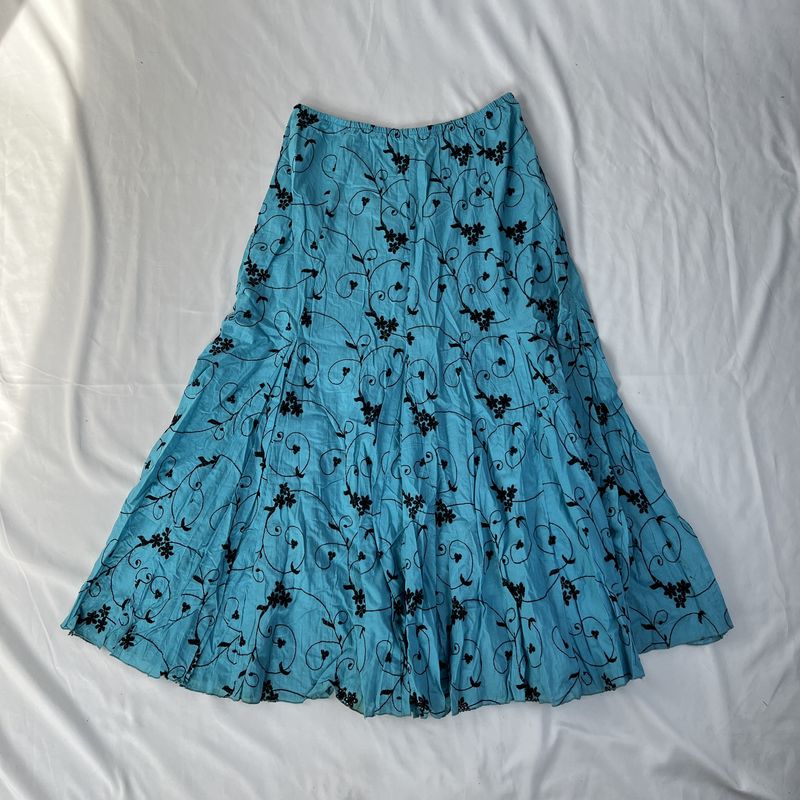blue maxi skirt black embroidery