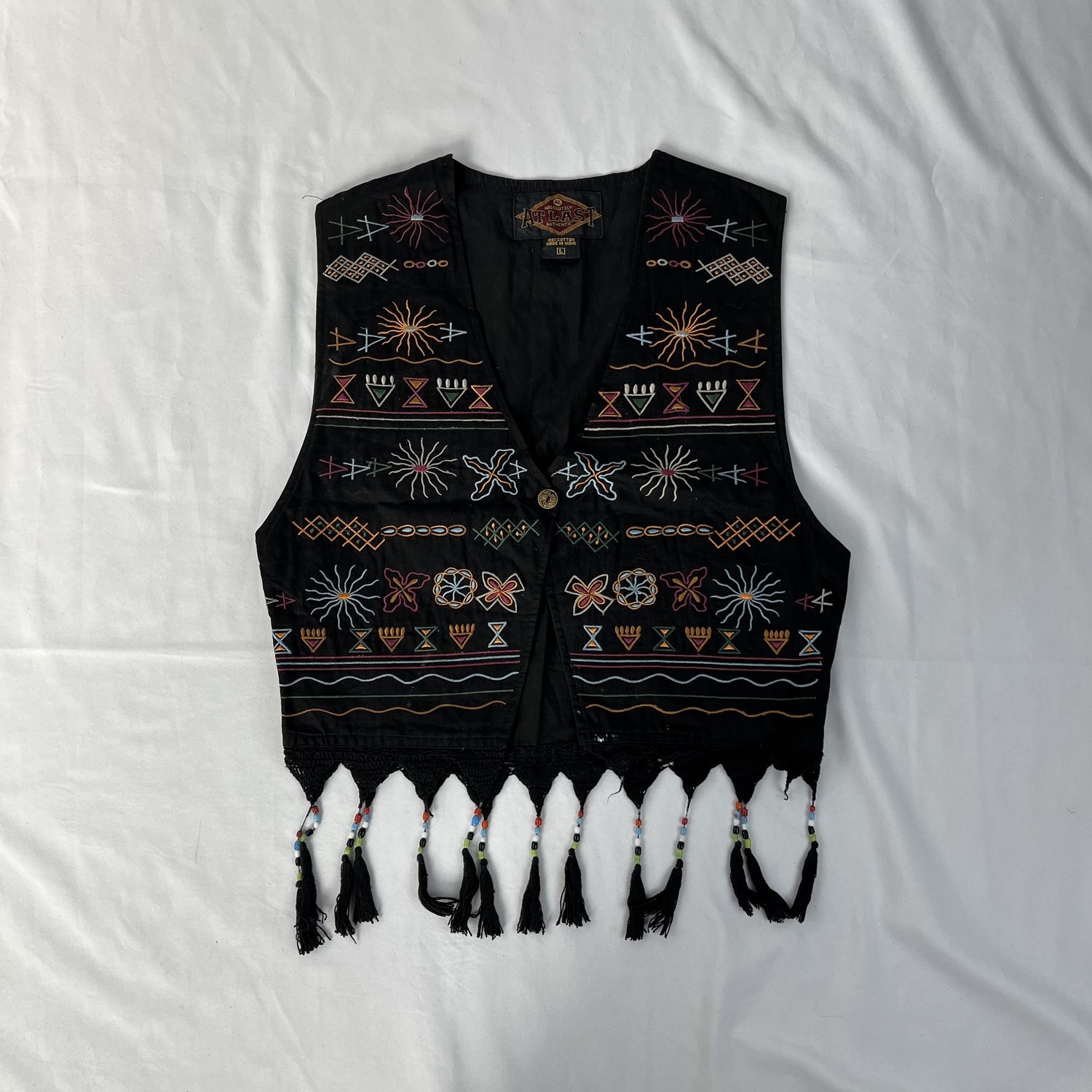 black embroidered vest w/ beaded tassels
