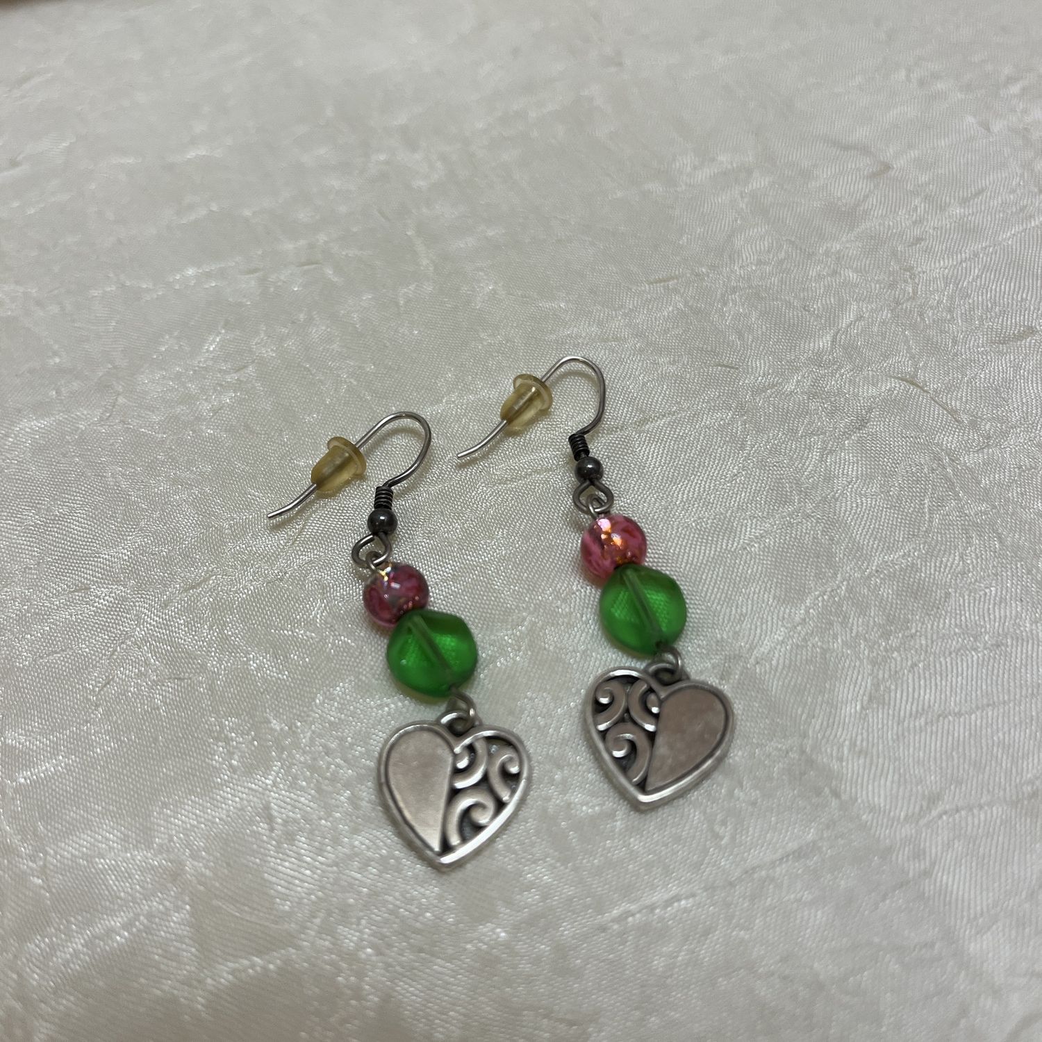Green &amp; Pink Heart Earrings