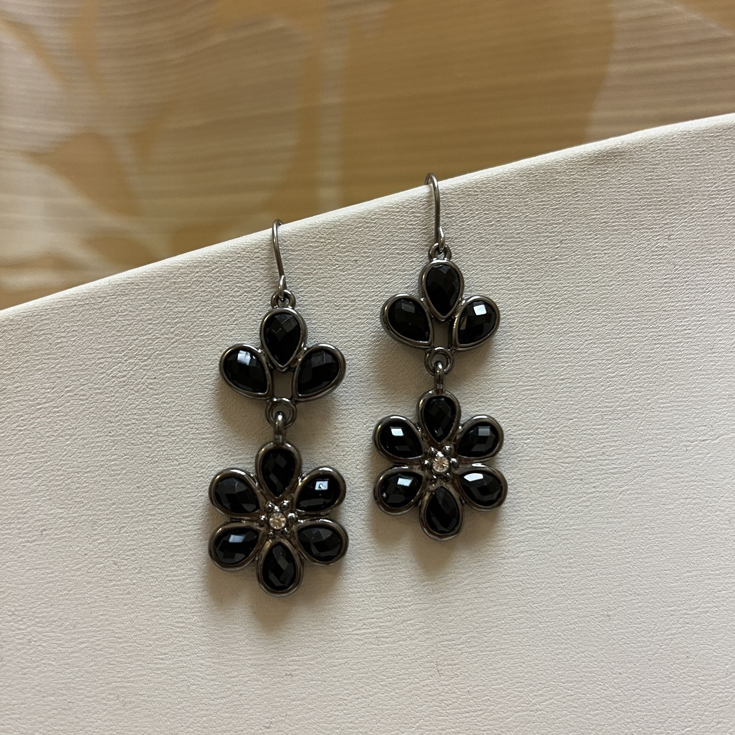 Black Beaded Flower Earrings
