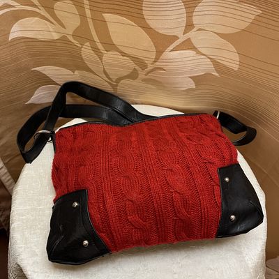 Red Cable Knit + Leather Bag