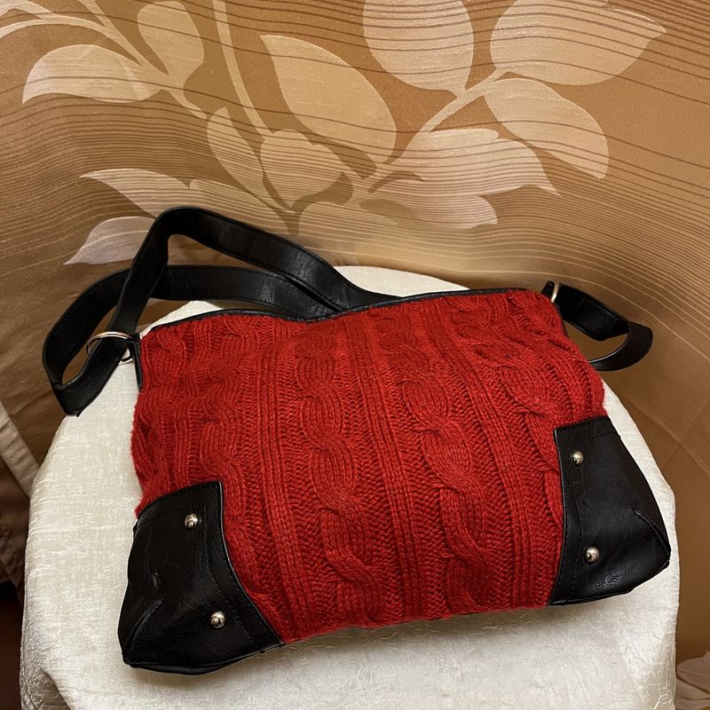 Red Cable Knit + Leather Bag
