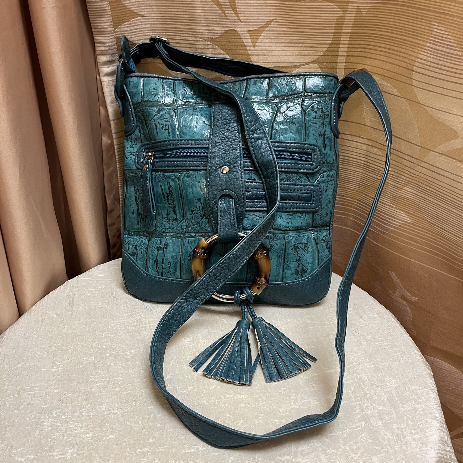 Teal Snakeskin + Leather Shoulder Bag