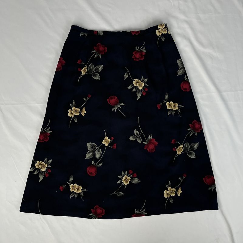 Blue Floral Midi Skirt w/ Roses