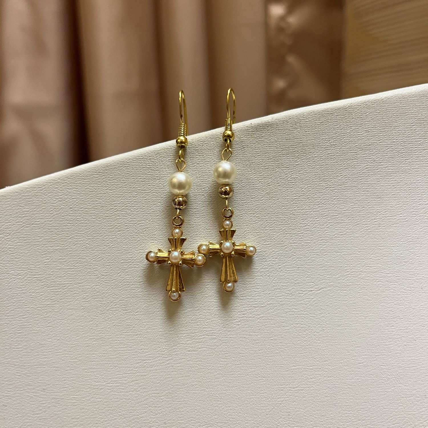 Gold + Pearl Cross Earrings