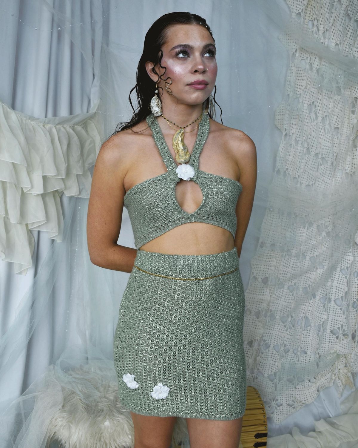Green Knit Set with Flowers