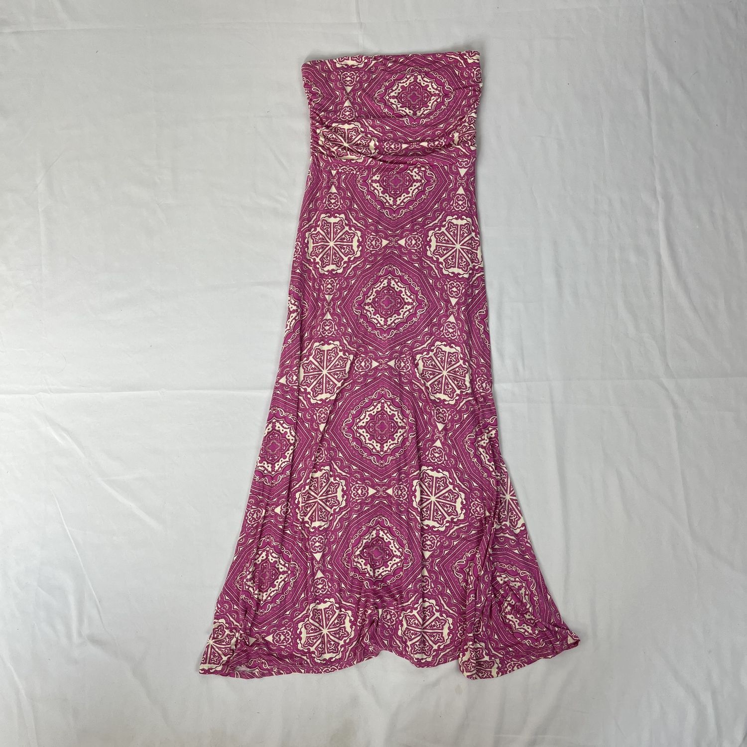 pink geometric strapless dress