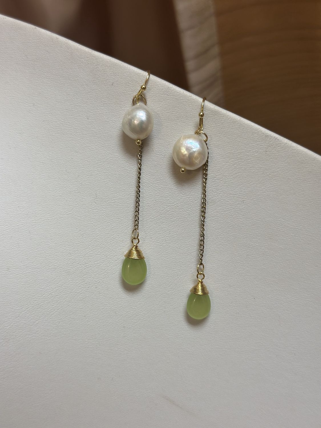 green pearl drop earrings