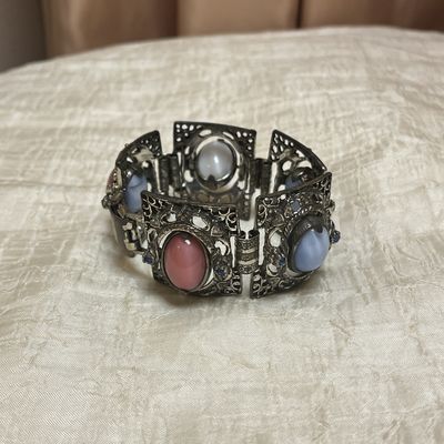 Vtg Chunky Panel Pink Blue White Opaline Glass Cabochon Changeable Flip Bracelet