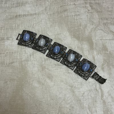 Vtg Chunky Panel Pink Blue White Opaline Glass Cabochon Changeable Flip Bracelet