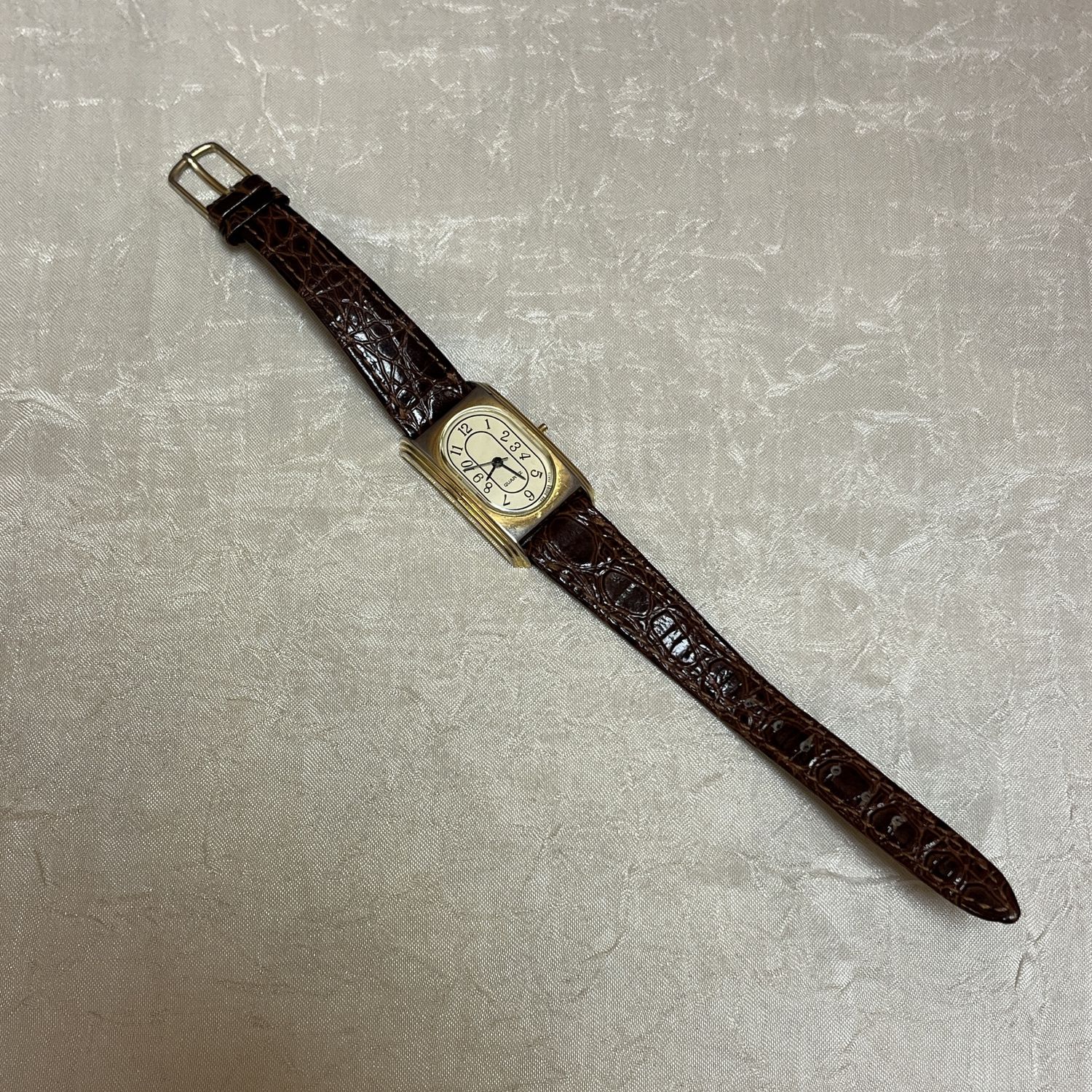 brown leather gold rectangle watch