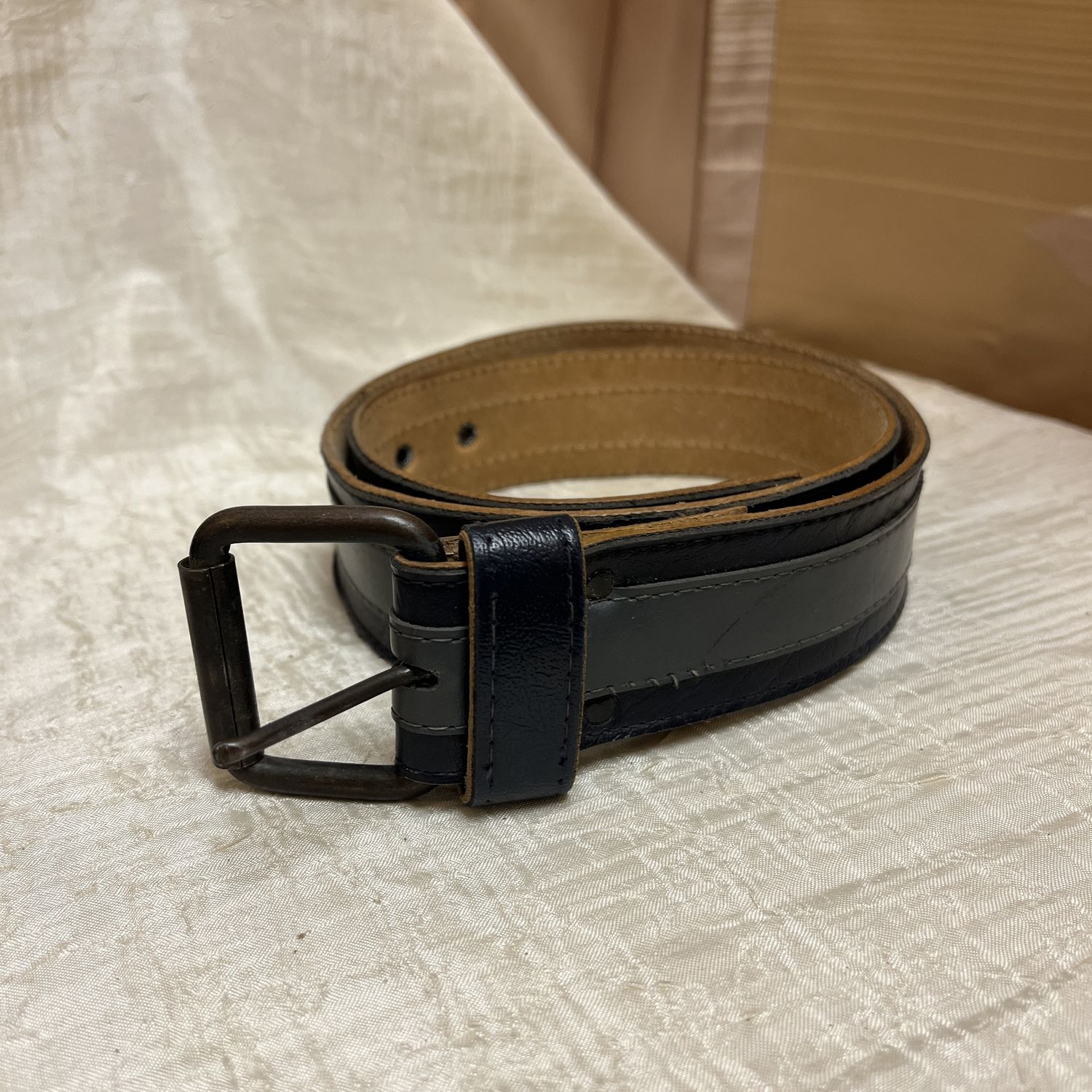 navy blue striped leather belt
