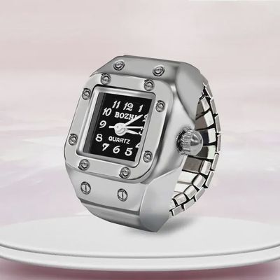 Silver Black Square Watch Ring