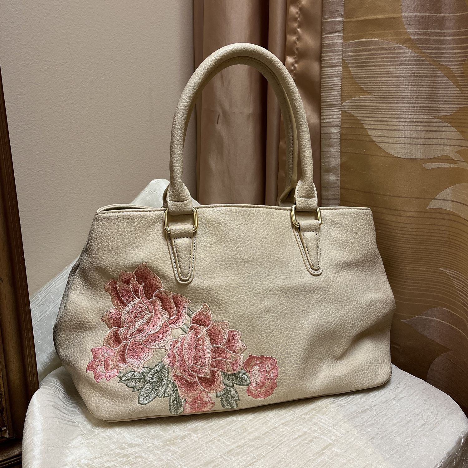 Pink Flowered Tan Bag