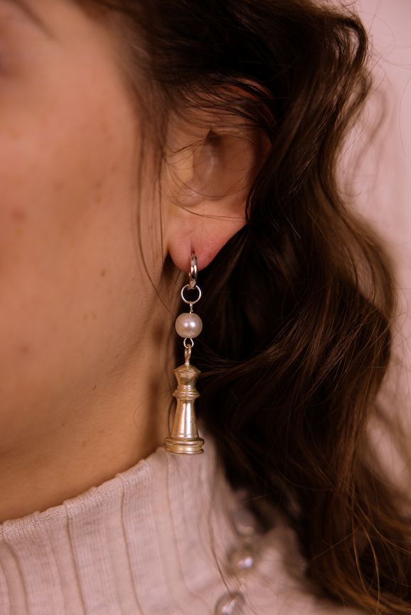 silver chess earrings