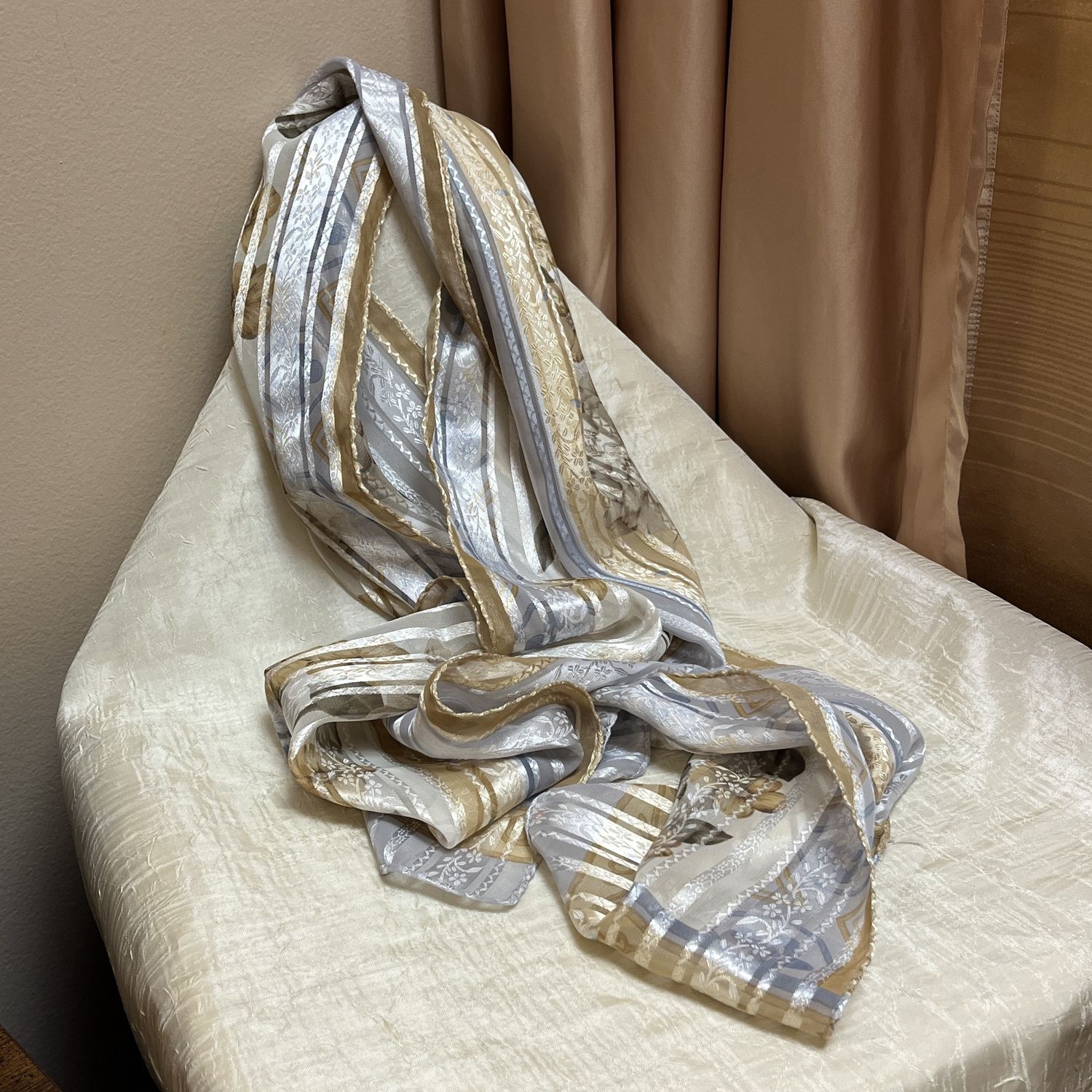 tan and blue floral scarf