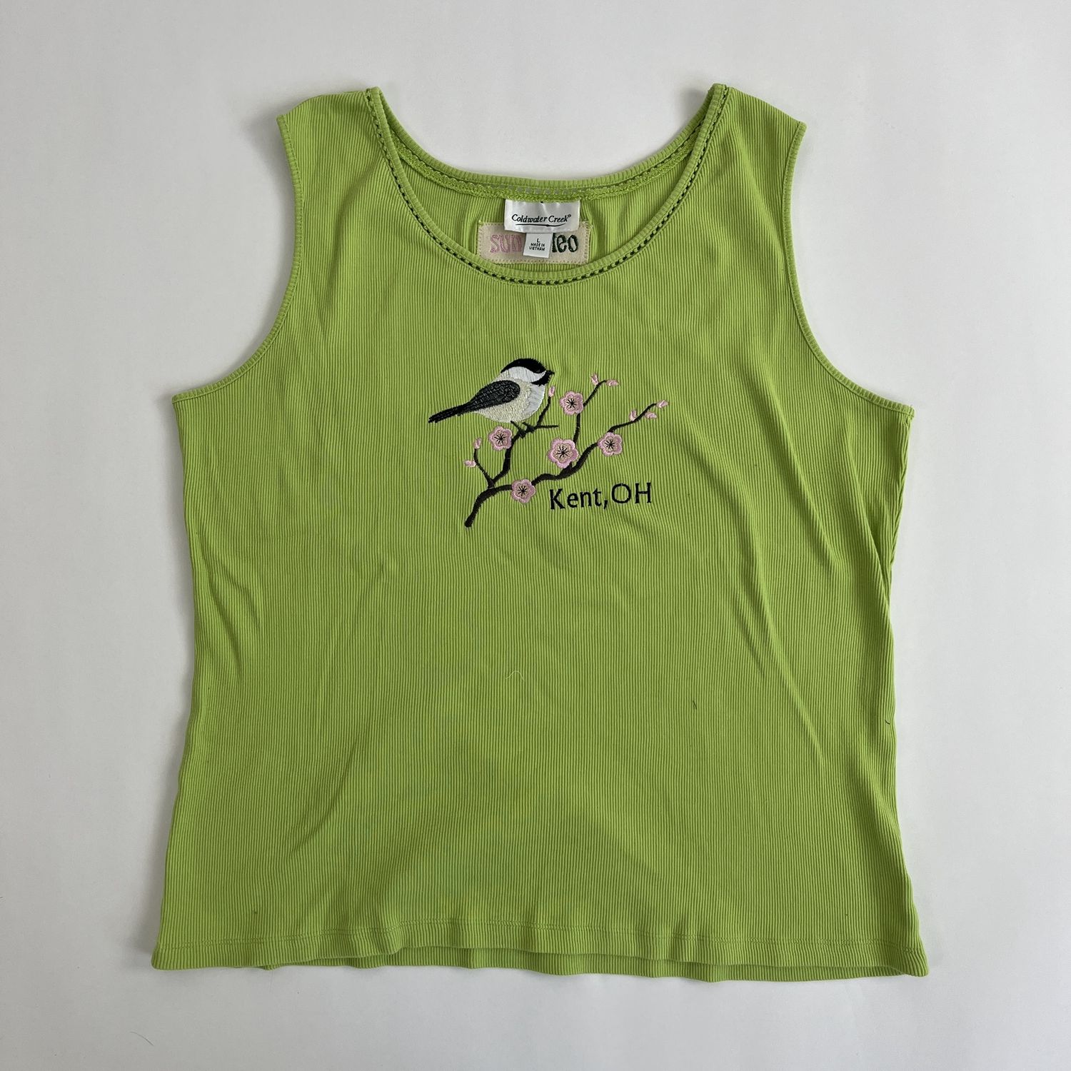 Chickadee Embroidery, Style: Green Tank