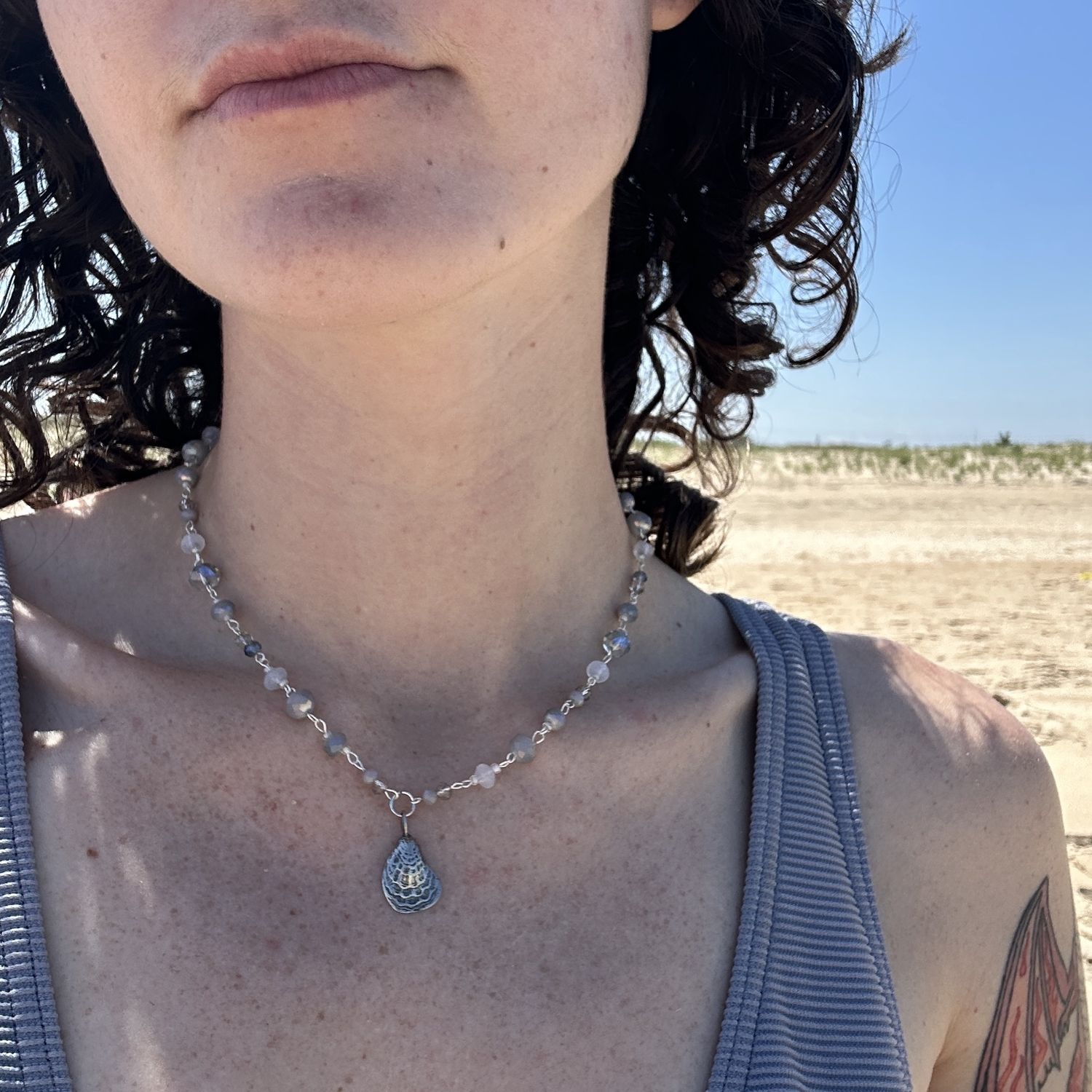 Silver beaded oyster necklace