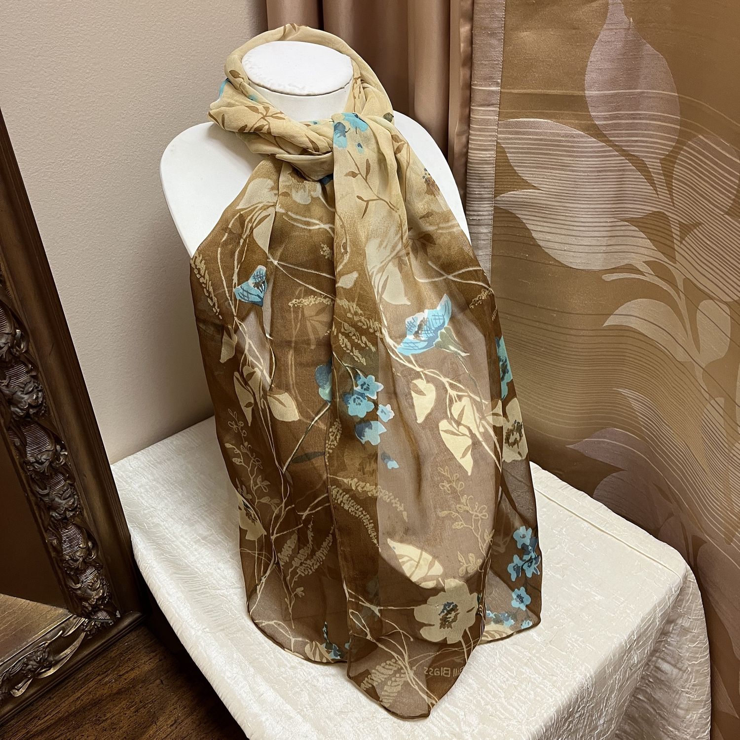 Tan Scarf with Blue Flowers