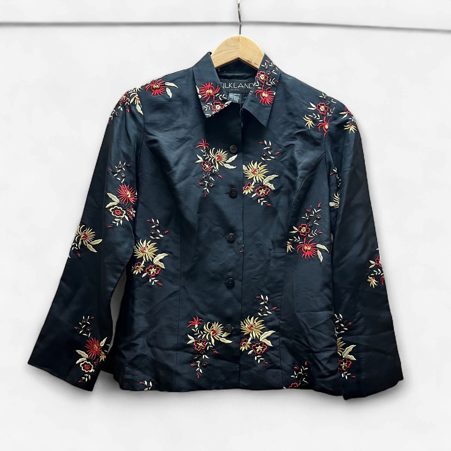 embroidered silk black button up