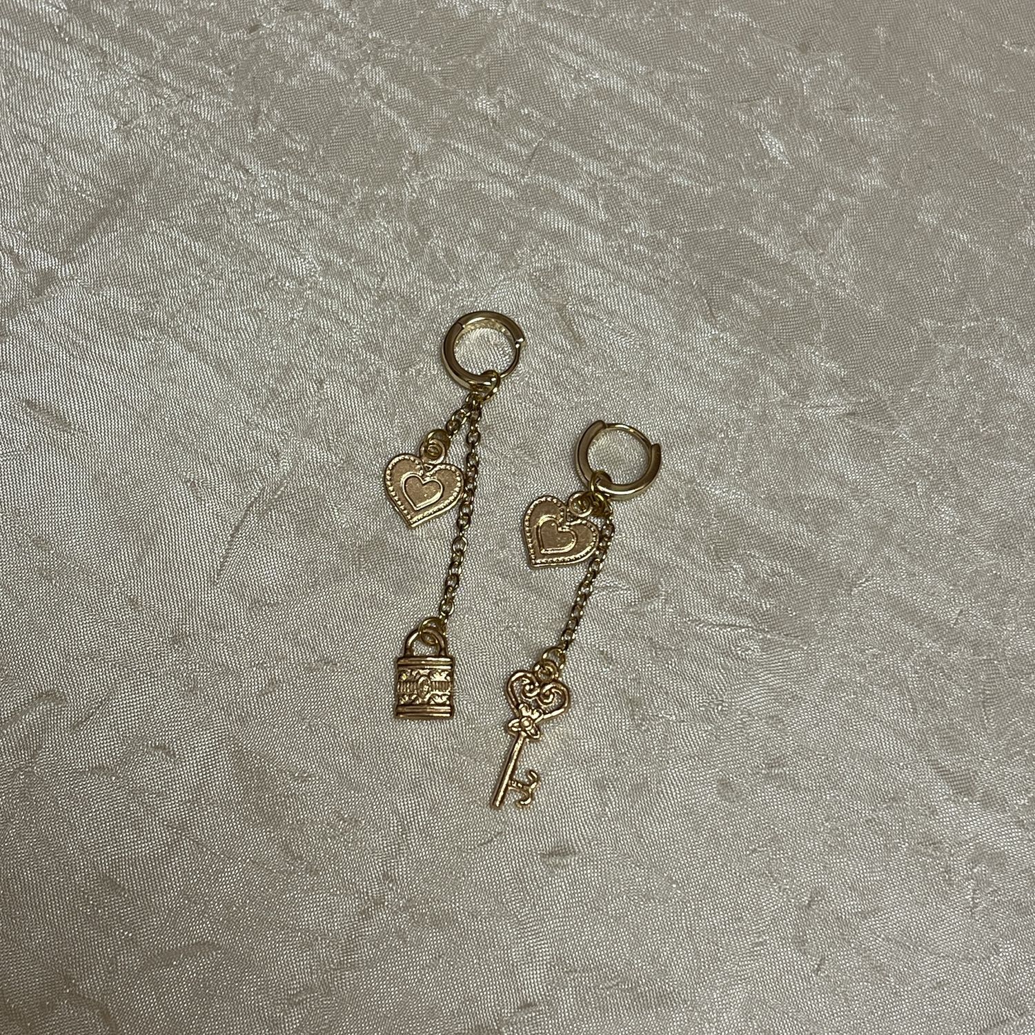 Gold Heart Lock and Key Earrings