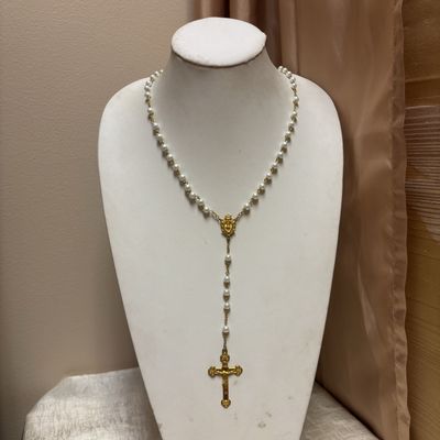 Gold Pearl Rosary Necklace
