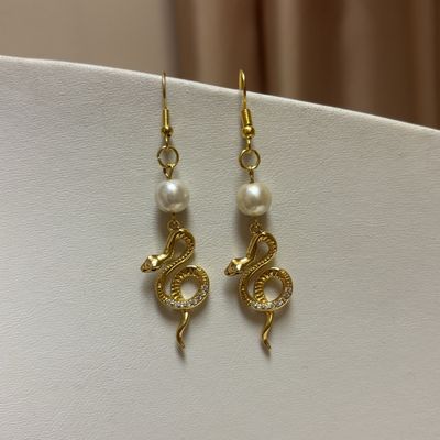 Gold Pearl Snake Earrings