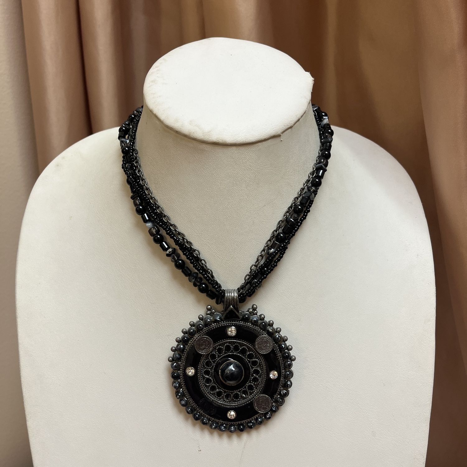 Black Beaded Pendant Necklace