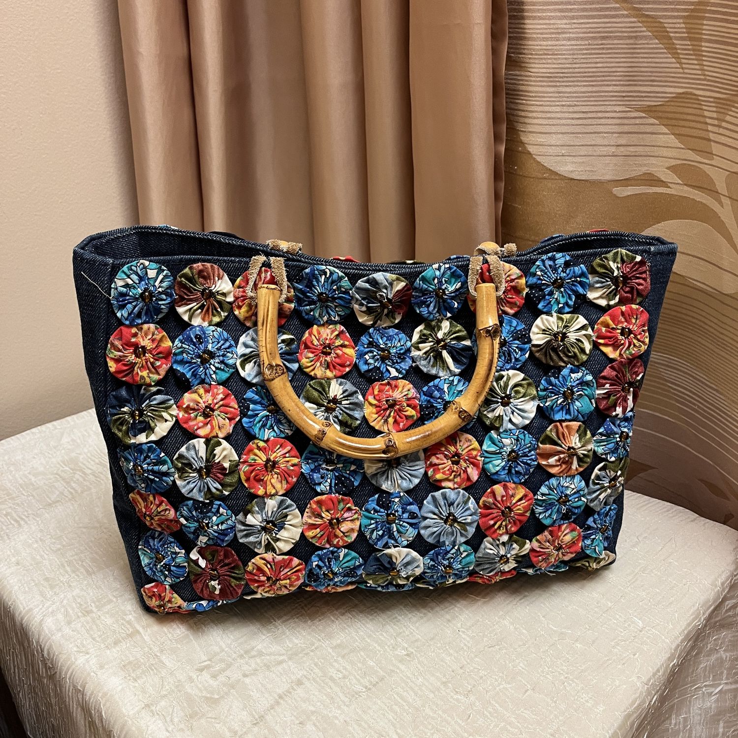 Fabric Flower Denim Purse