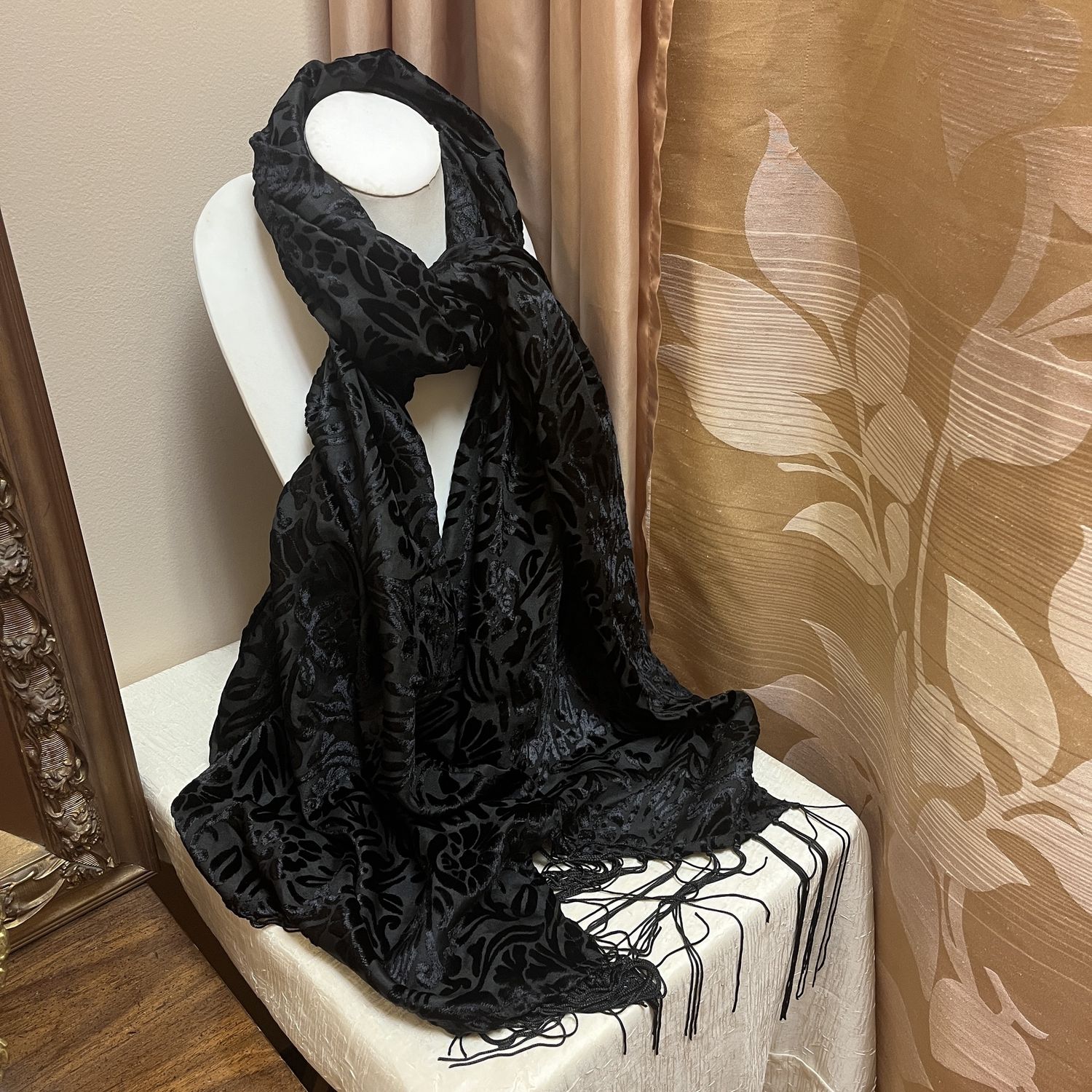 Black Velvet Fringe Scarf