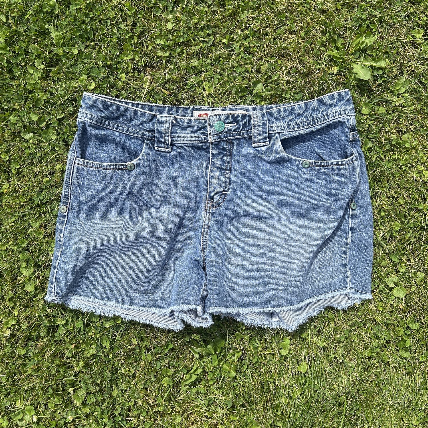 teal button shorts
