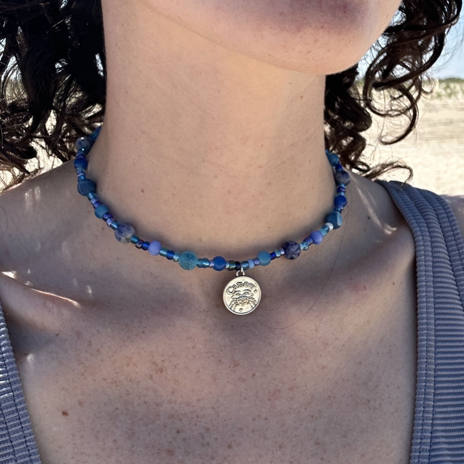 Blue Beaded Cancer Necklace