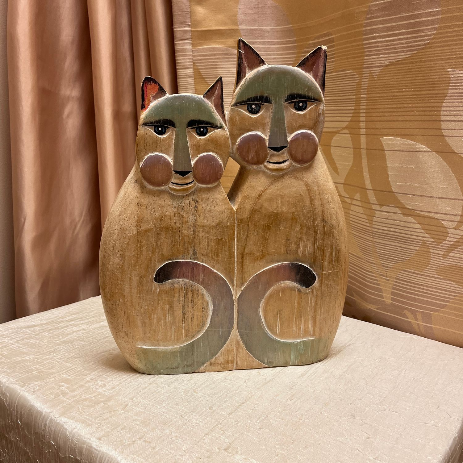Twin Cats Wood Figurine