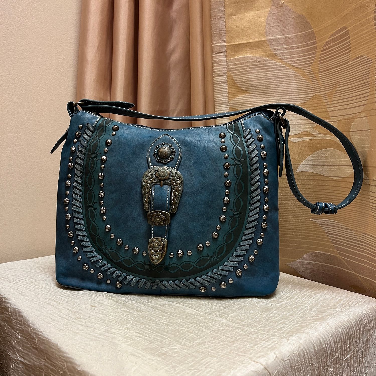 Blue Studded Buckle Bag