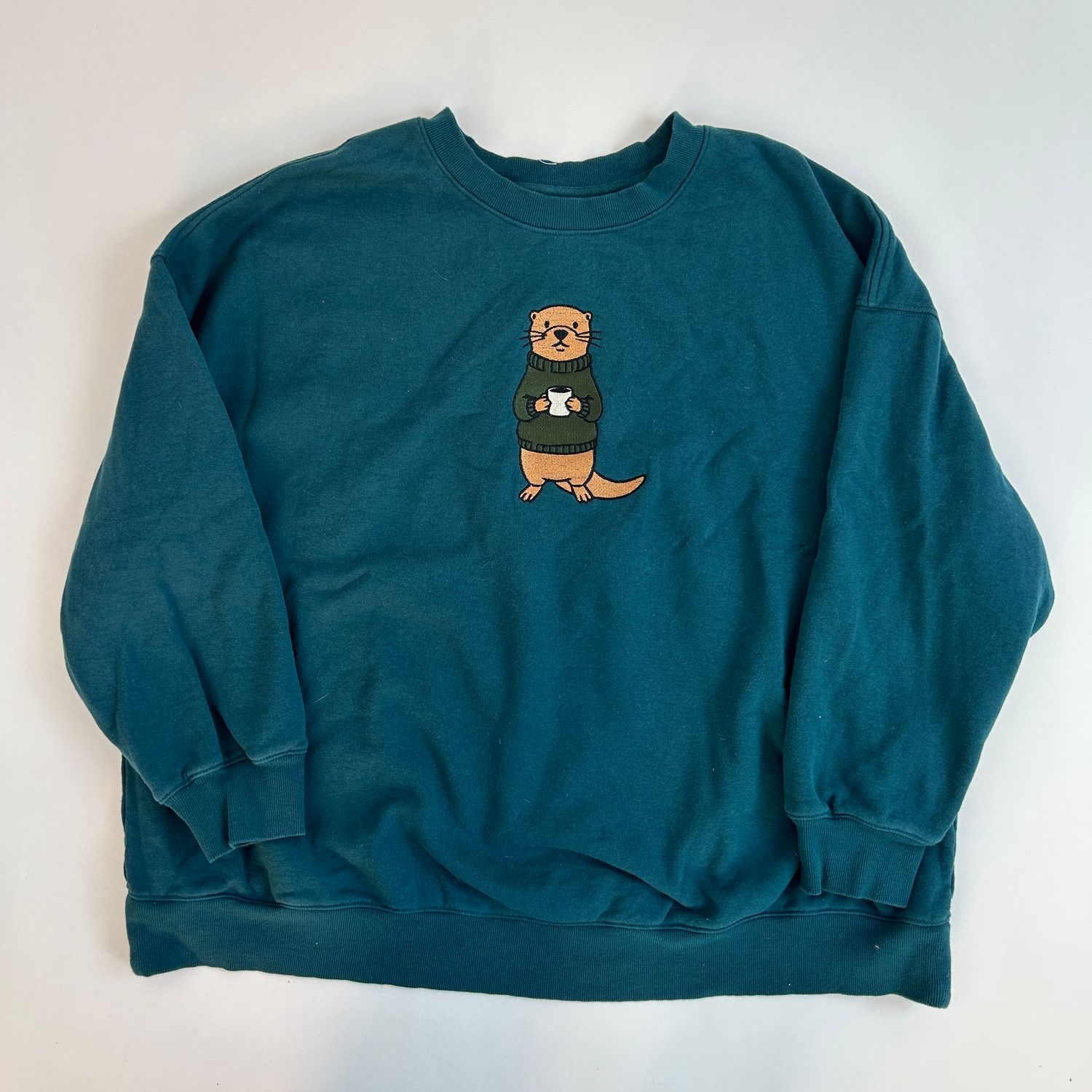 Tea Otter Embroidery, Style: Deep Green Teal Crewneck