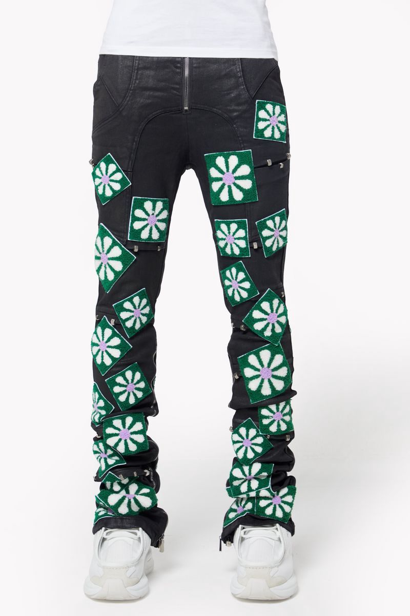 OBSIDIAN BLACK WAXED FLOWERS DENIM