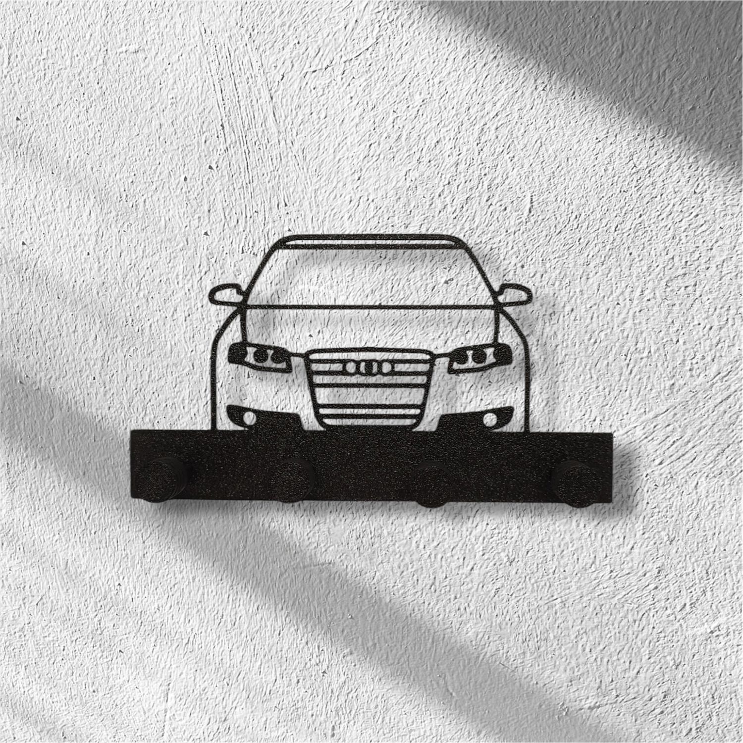 Wieszak na klucze Audi A4 B8 – elegancki, czarny, 15 cm, montaż na taśmie dwustronnej. Stylowy dodatek do garażu.