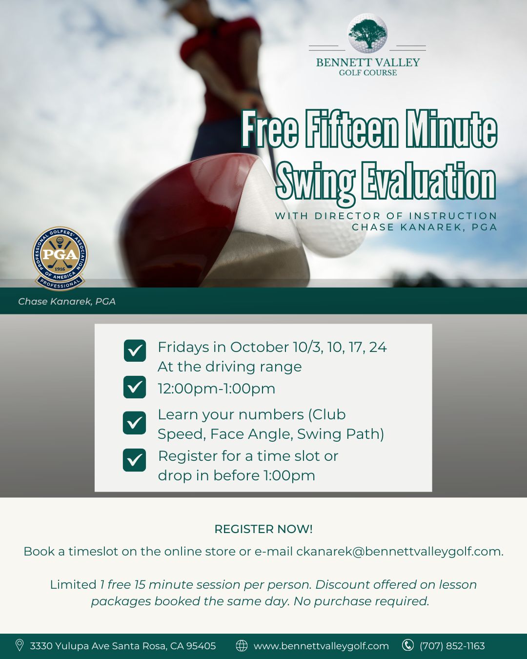 15 Minute Swing Evaluation | Fridays 10/3, 10, 17 &amp; 24