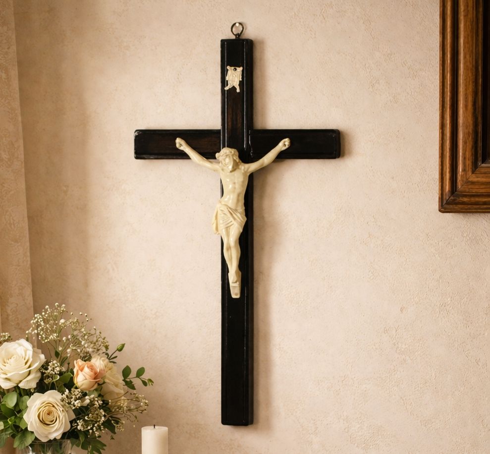 Drewniany krzyż z Jezusem ukrzyżowanym