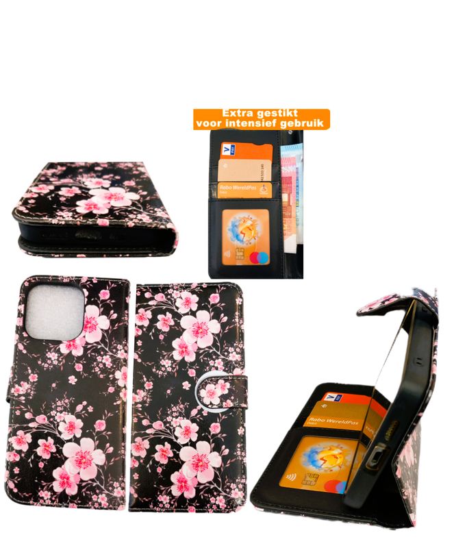 ​IPhone 14 Pro Max Boek hoesje met kaarthouder en magnetische sluiting  -Bloemen print zwarte achtergrond