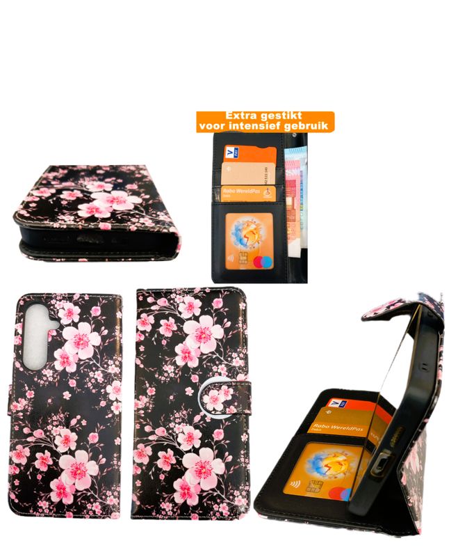 ​Samsung S 24 FE  Boek hoesje met kaarthouder en magnetische sluiting -Bloemen print zwarte achtergrond